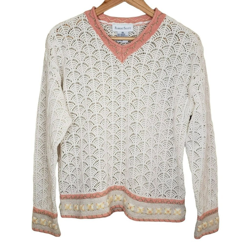 Vtg Crochet Knit Sweater Linen Silk Cottage Core Granny Core Embroidered Sweater